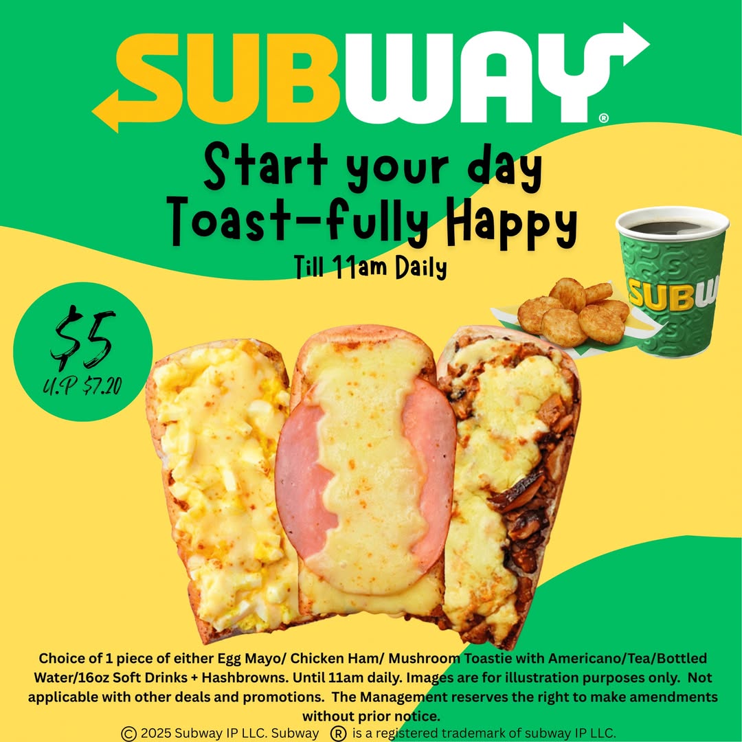 A delicious Subway breakfast combo featuring a golden-brown toastie, a refreshing drink, and crispy hashbrowns.
