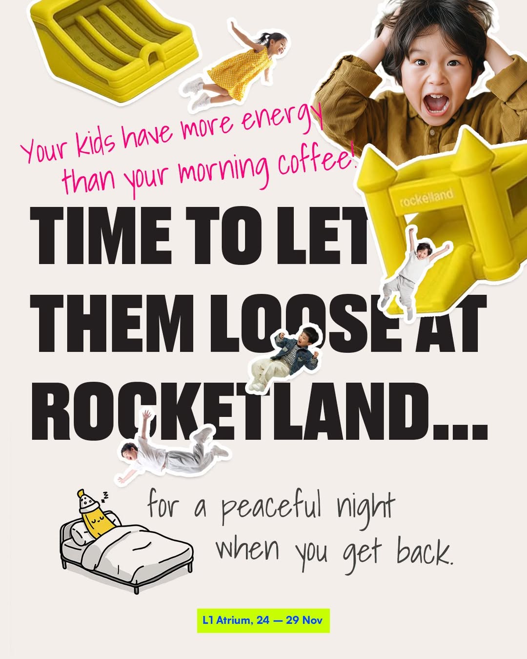 Kids playing excitedly on a vibrant yellow bouncy rocket playground