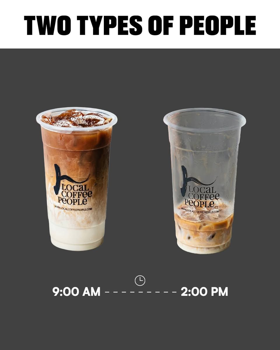 Local Coffee People iced coffee cups showing full cup at 9am and empty cup at 2pm at Steam Aperia Mall #01-70