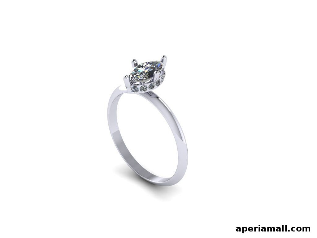 A close-up of a diamond engagement ring with a marquise-cut center stone.