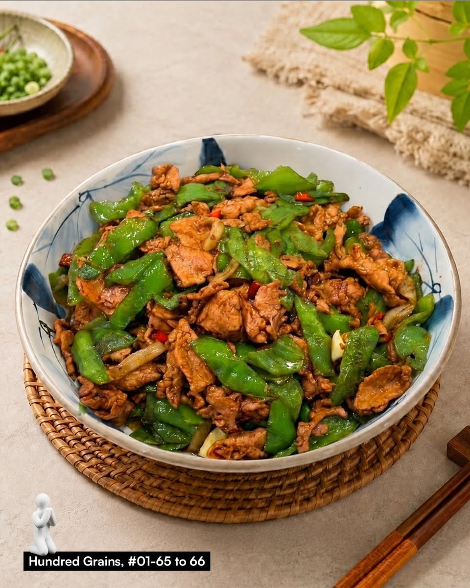 Hundred Grains dish with green beans and sliced meat