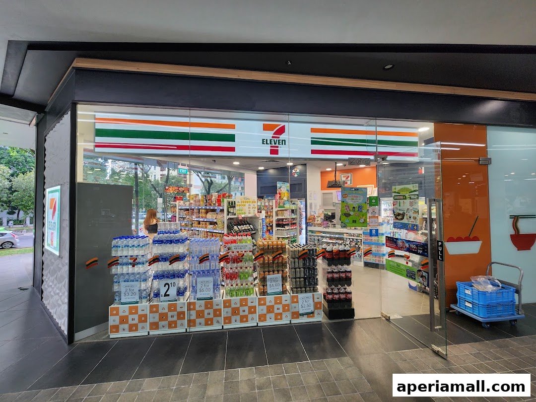 The exterior of a 7-Eleven convenience store with products displayed outside.