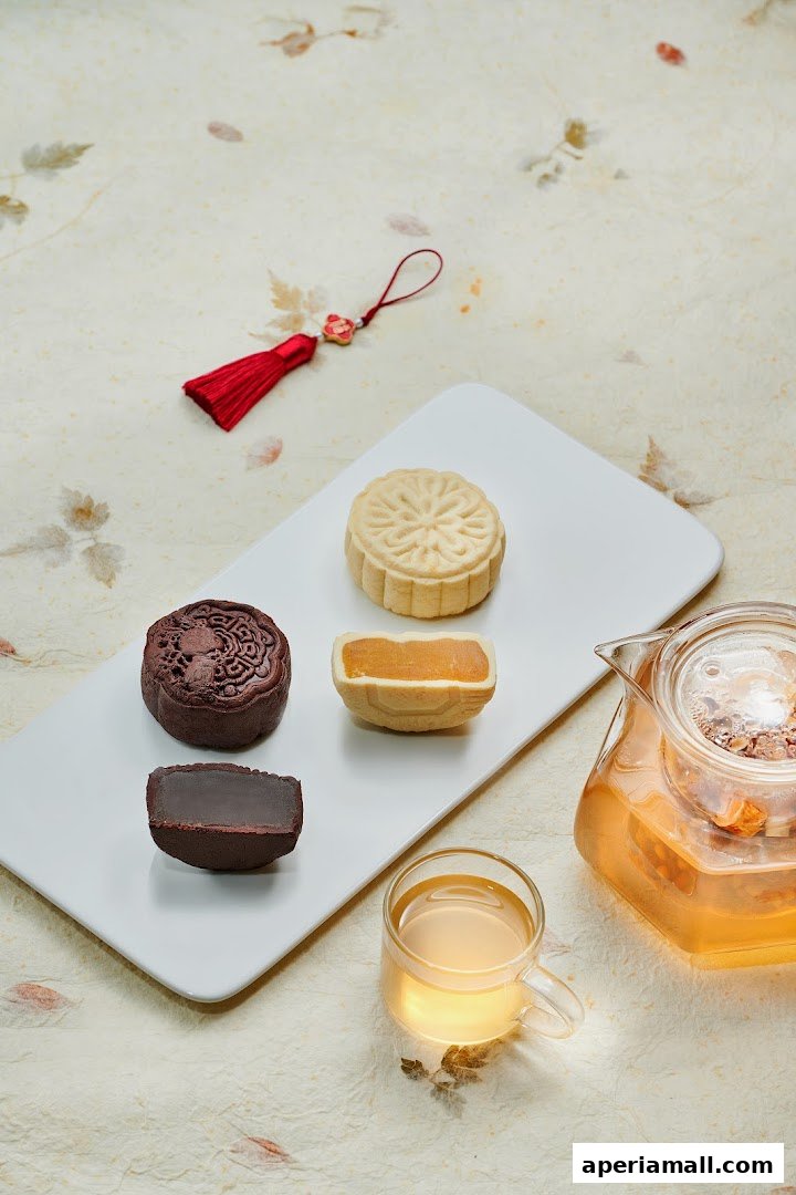 A platter of assorted mooncakes and a glass of tea, with a decorative tassel.