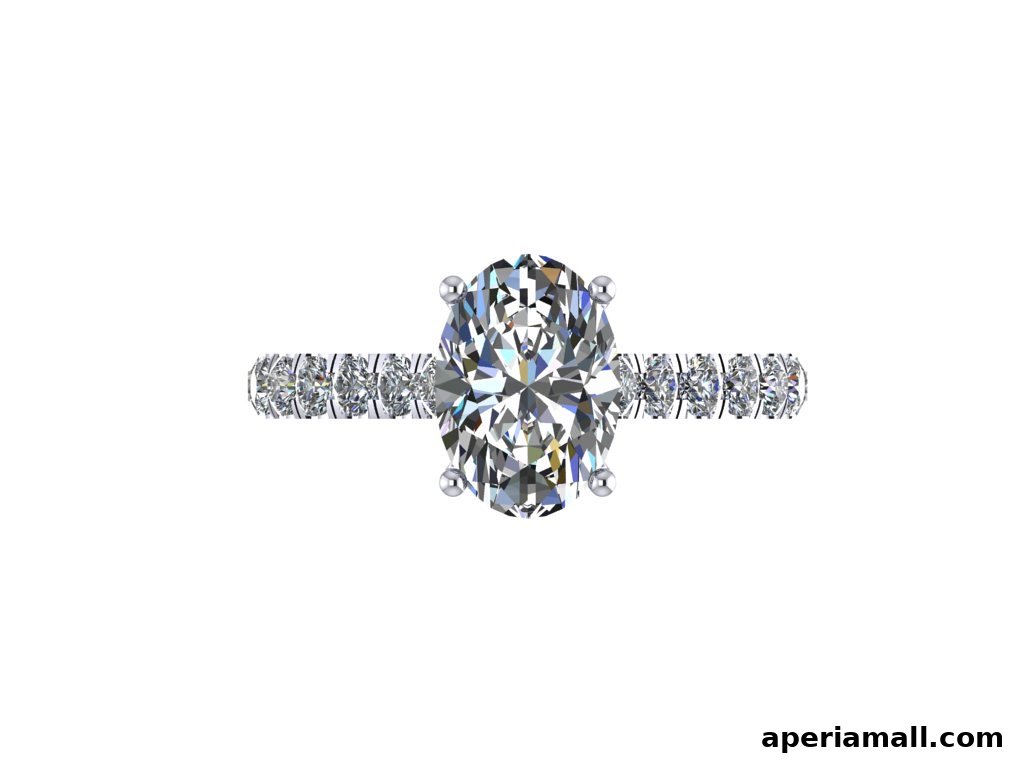 A stunning oval-cut diamond ring with a band encrusted with smaller diamonds.