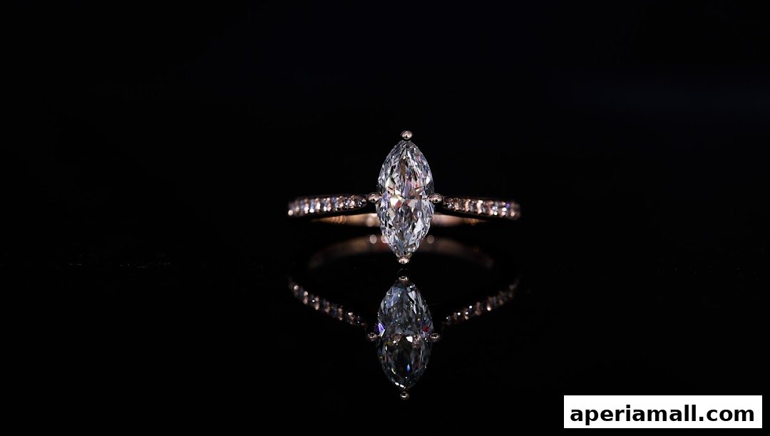 A stunning marquise-cut diamond ring with a band of small diamonds, showcased on a reflective black surface.