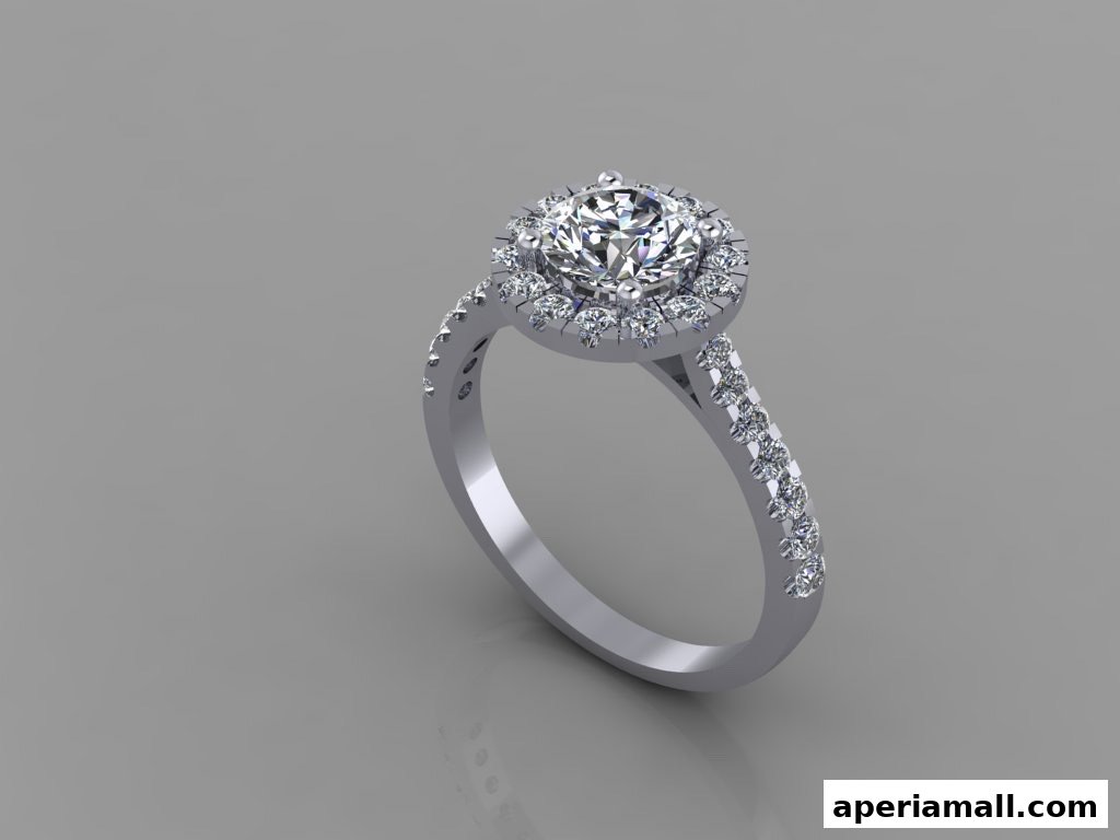A stunning diamond engagement ring with a halo setting and pave band.