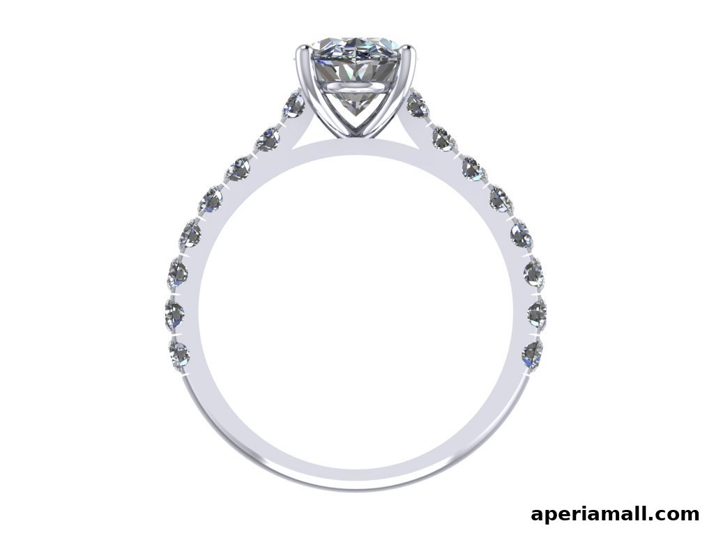 A close-up render of a diamond engagement ring with a solitaire diamond and a band lined with smaller diamonds.