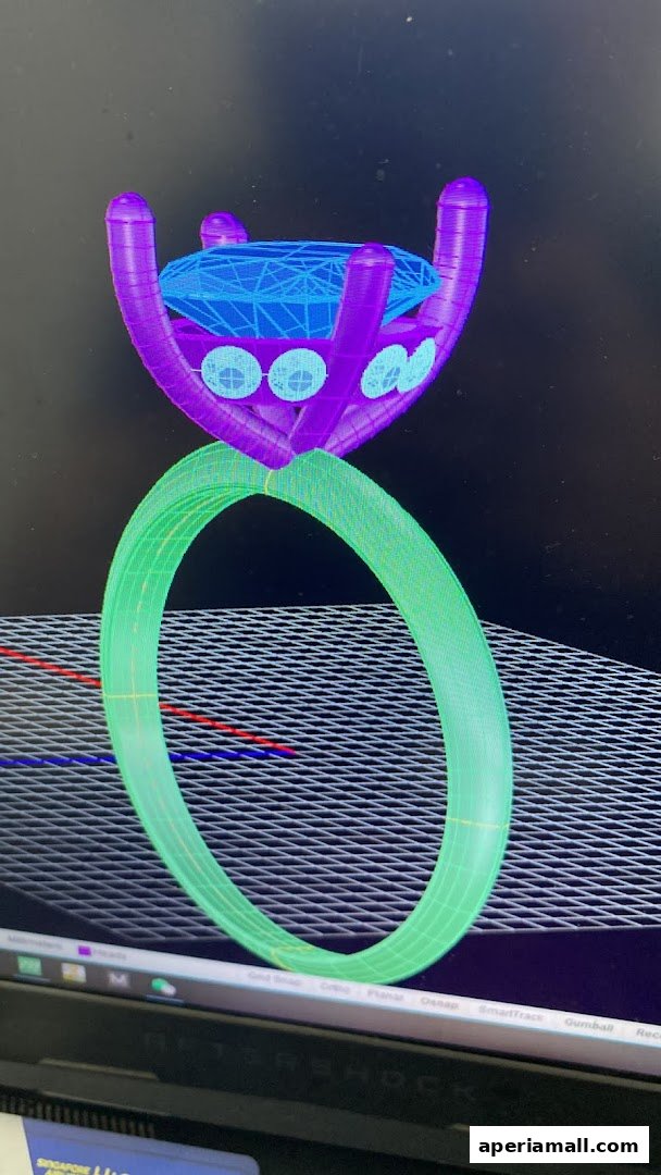 A 3D rendering of a diamond ring design on a computer screen.