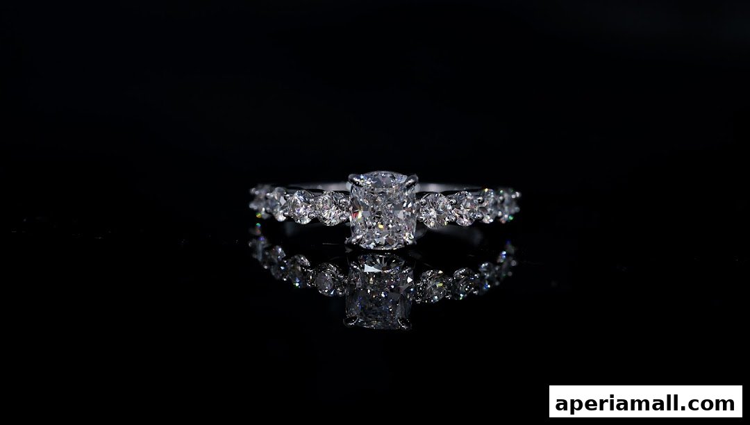 A stunning diamond ring with a large cushion-cut center stone and smaller diamonds along the band.