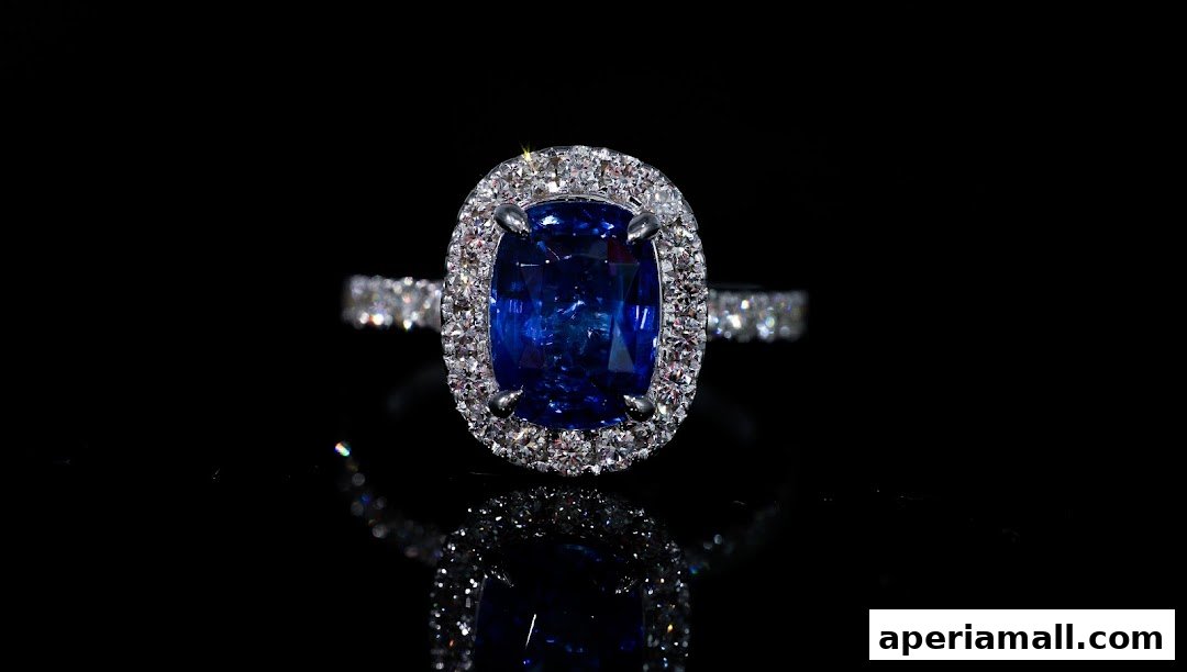 A stunning sapphire and diamond ring displayed on a reflective black surface.