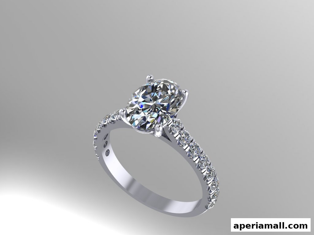 A stunning oval-cut diamond engagement ring with a diamond-encrusted band.
