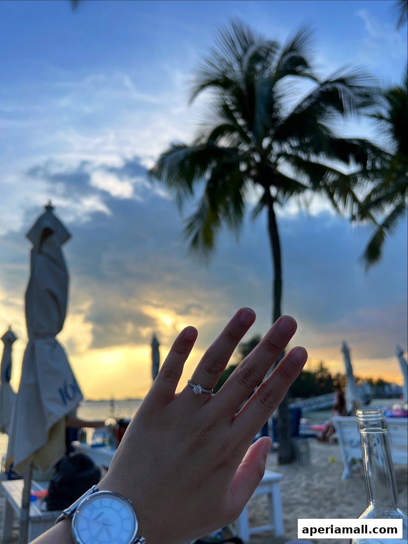 A hand wearing an engagement ring is shown against a beach sunset with palm trees.