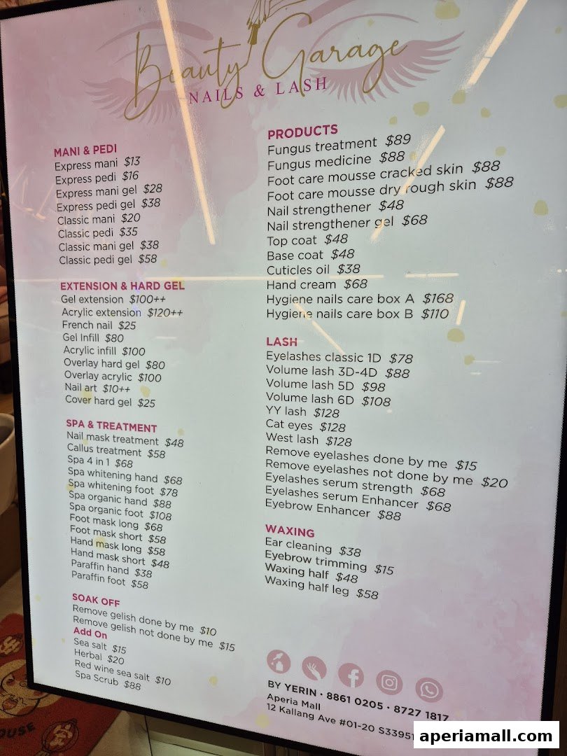 A menu board displaying various nail, lash, spa, and waxing services with prices.