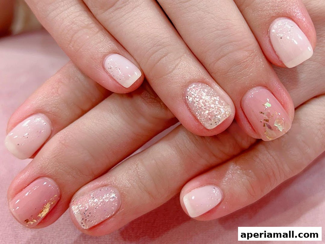 Close-up of hands with beautifully manicured nails featuring a soft pink and white color palette with glitter and gold accents.