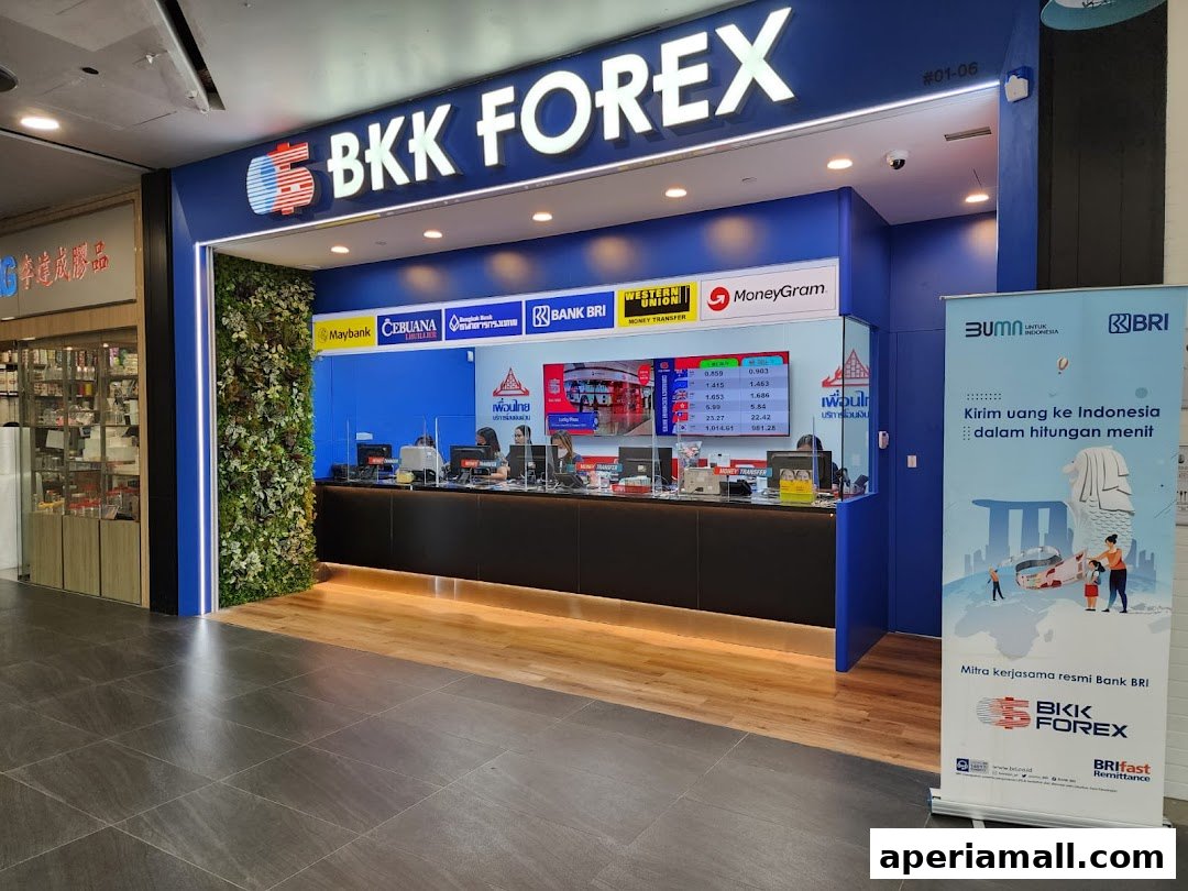 The BKK Forex shop front with a prominent sign, currency exchange display, and promotional banners.