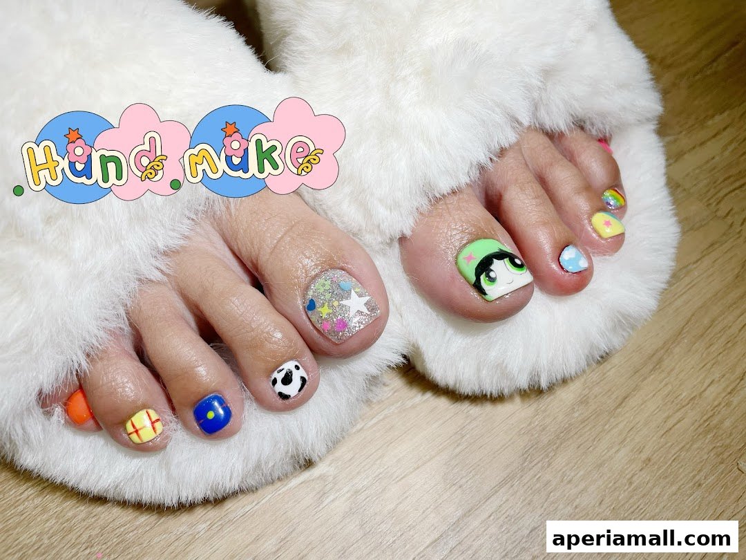 Close-up of feet with colorful, cartoon-themed nail art and fluffy slippers.