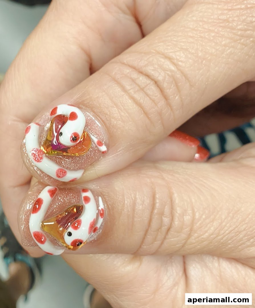 Close-up of nails adorned with intricate 3D snake nail art featuring white and red patterns.