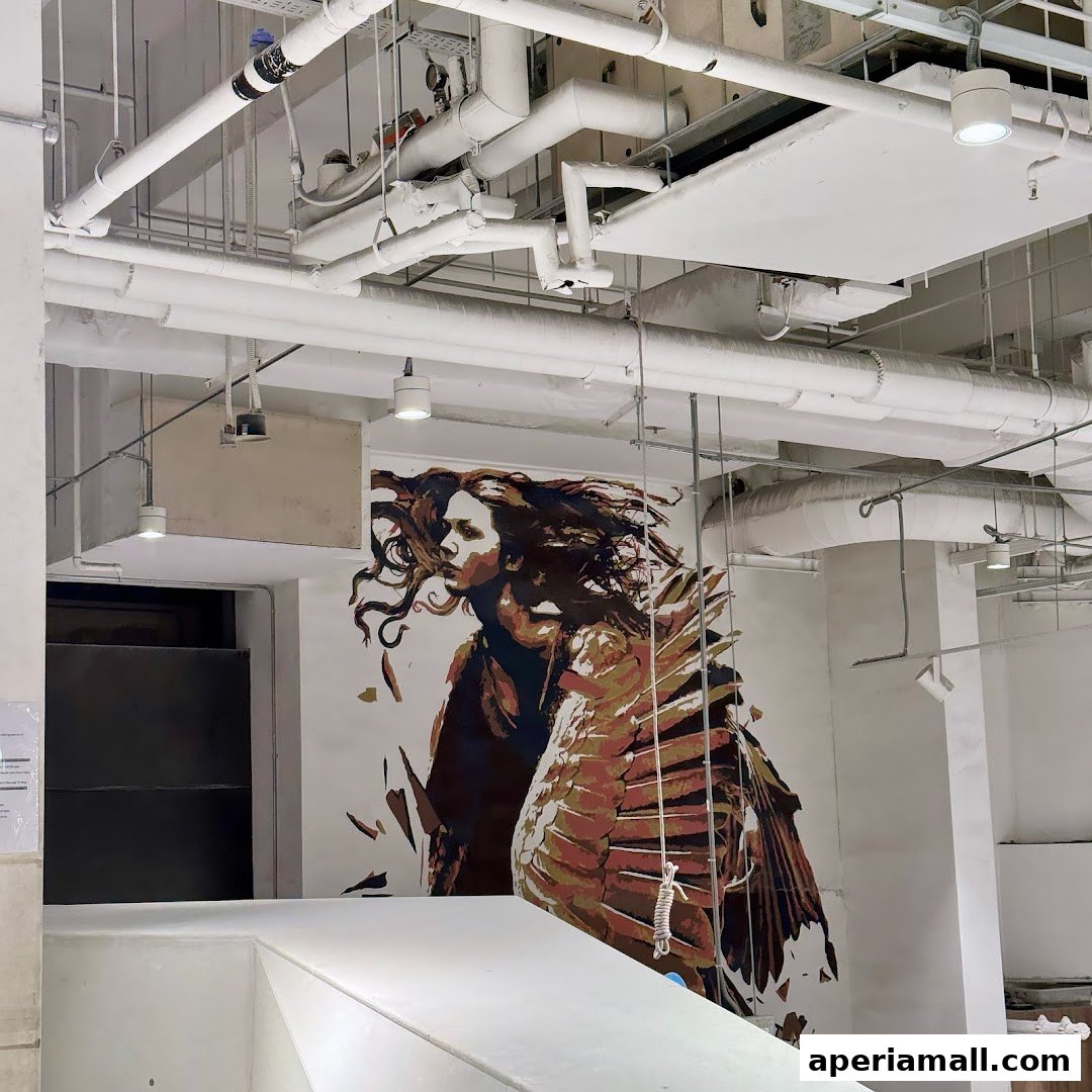 A striking mural of a woman with flowing hair and feathered wings adorns a white wall.