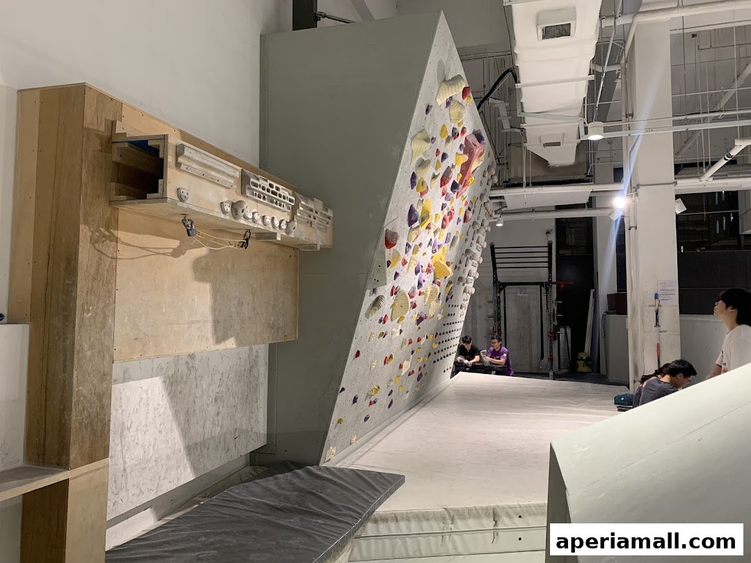 Indoor bouldering gym with climbing walls and people climbing and resting.