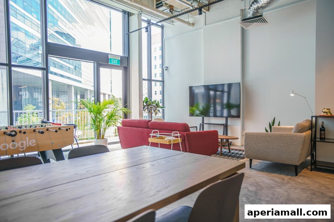 A modern office lounge area with a foosball table, sofas, and a large TV.
