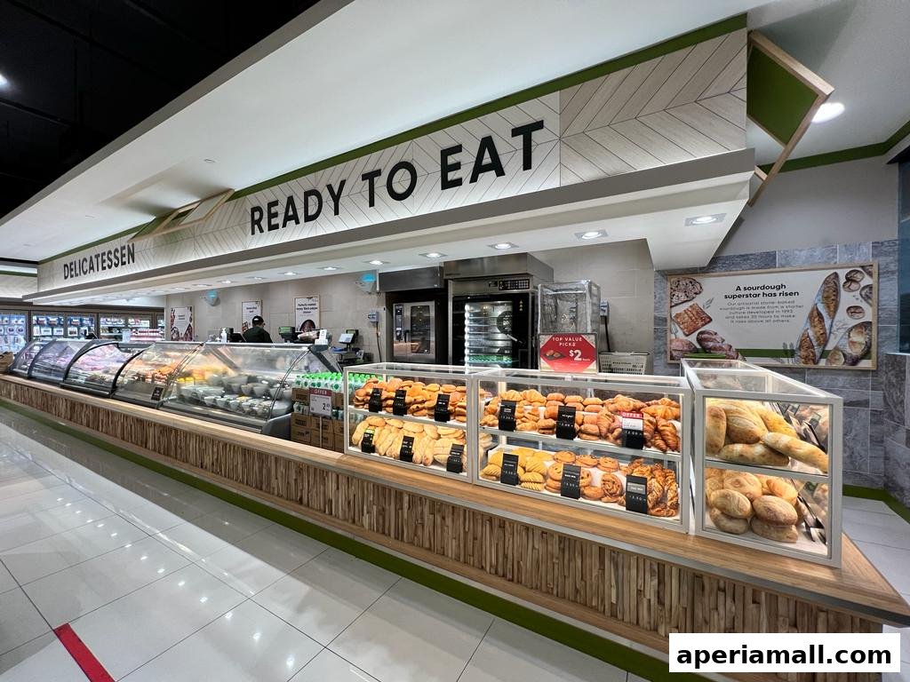 A well-stocked delicatessen and bakery section with a variety of fresh breads and pastries.
