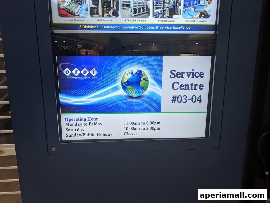 A digital display showing CTDI's service center information and operating hours.