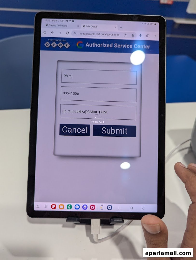 A tablet displaying an online form for an authorized service center with fields for name, phone, and email.
