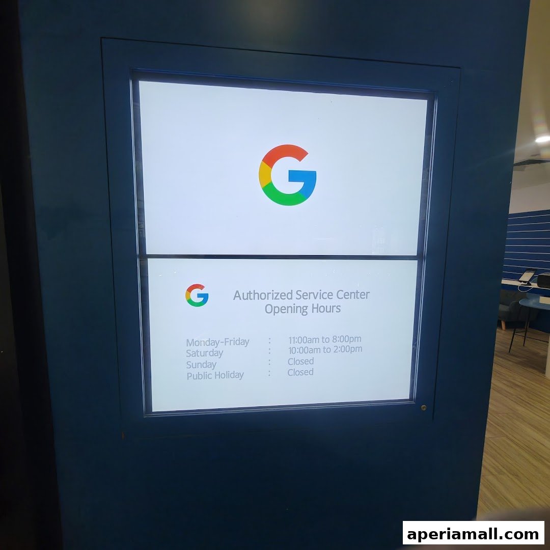 A digital display showing Google's logo and authorized service center opening hours.