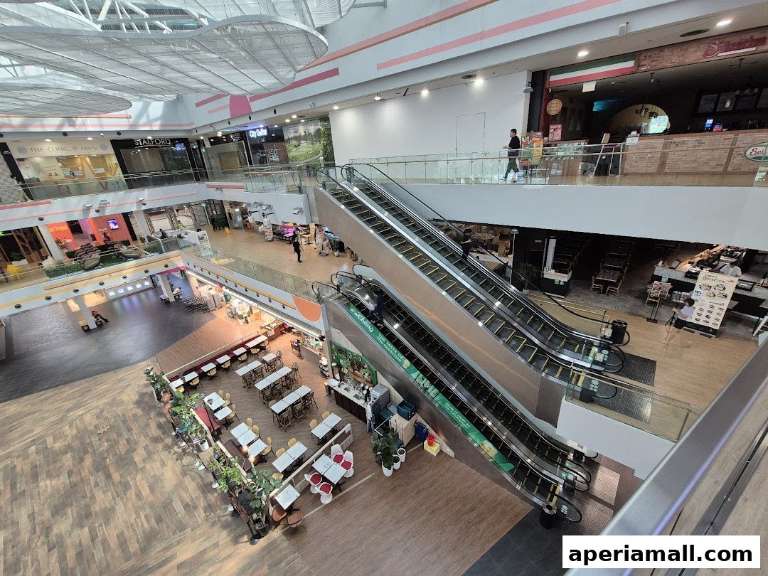 An interior view of a multi-level shopping mall with escalators and various shops.