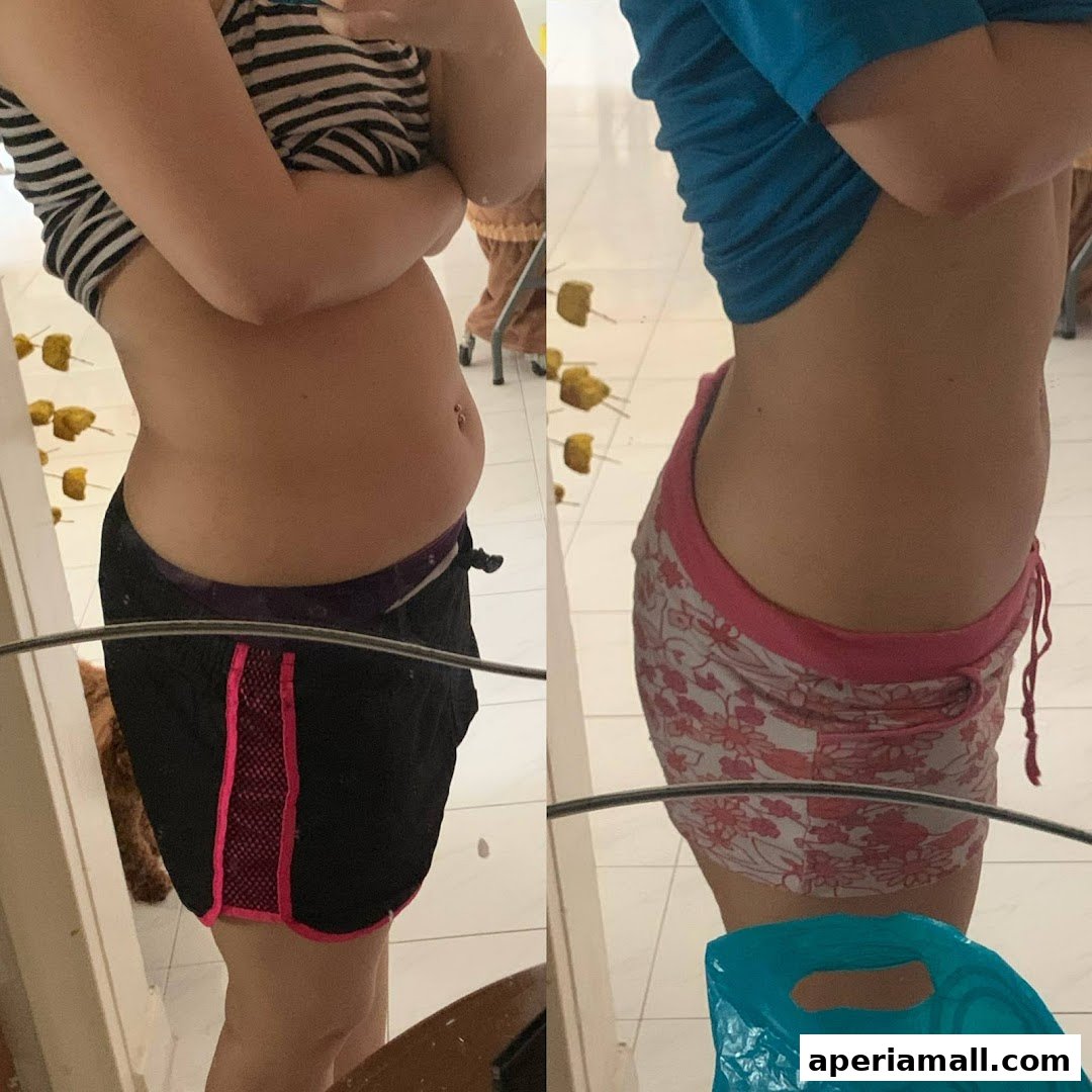 Side-by-side comparison of a person's midsection, showing a before and after transformation.