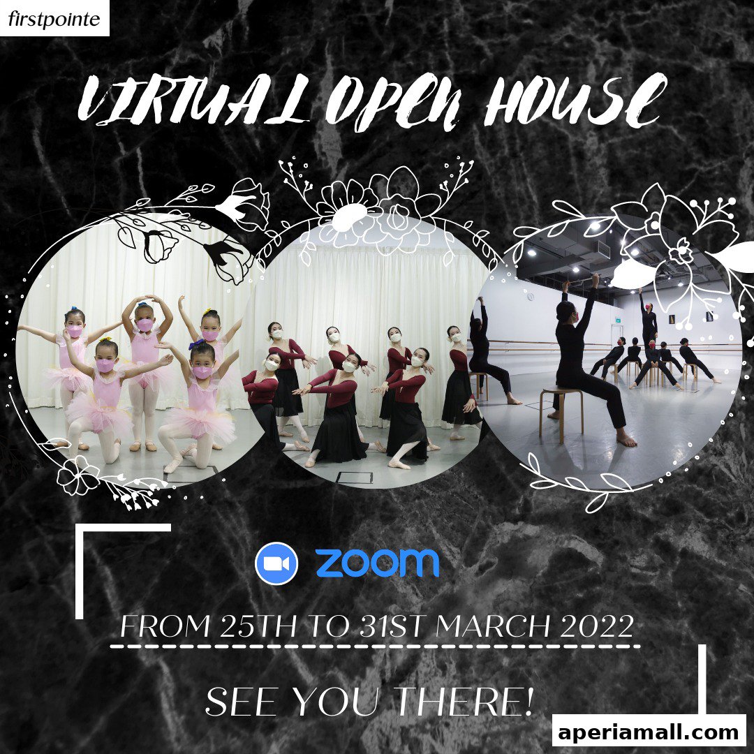 A virtual open house event for a dance school featuring young dancers in ballet attire.
