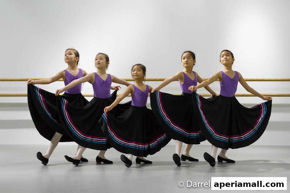 Five young girls in purple leotards and black skirts practice dance poses in a studio.