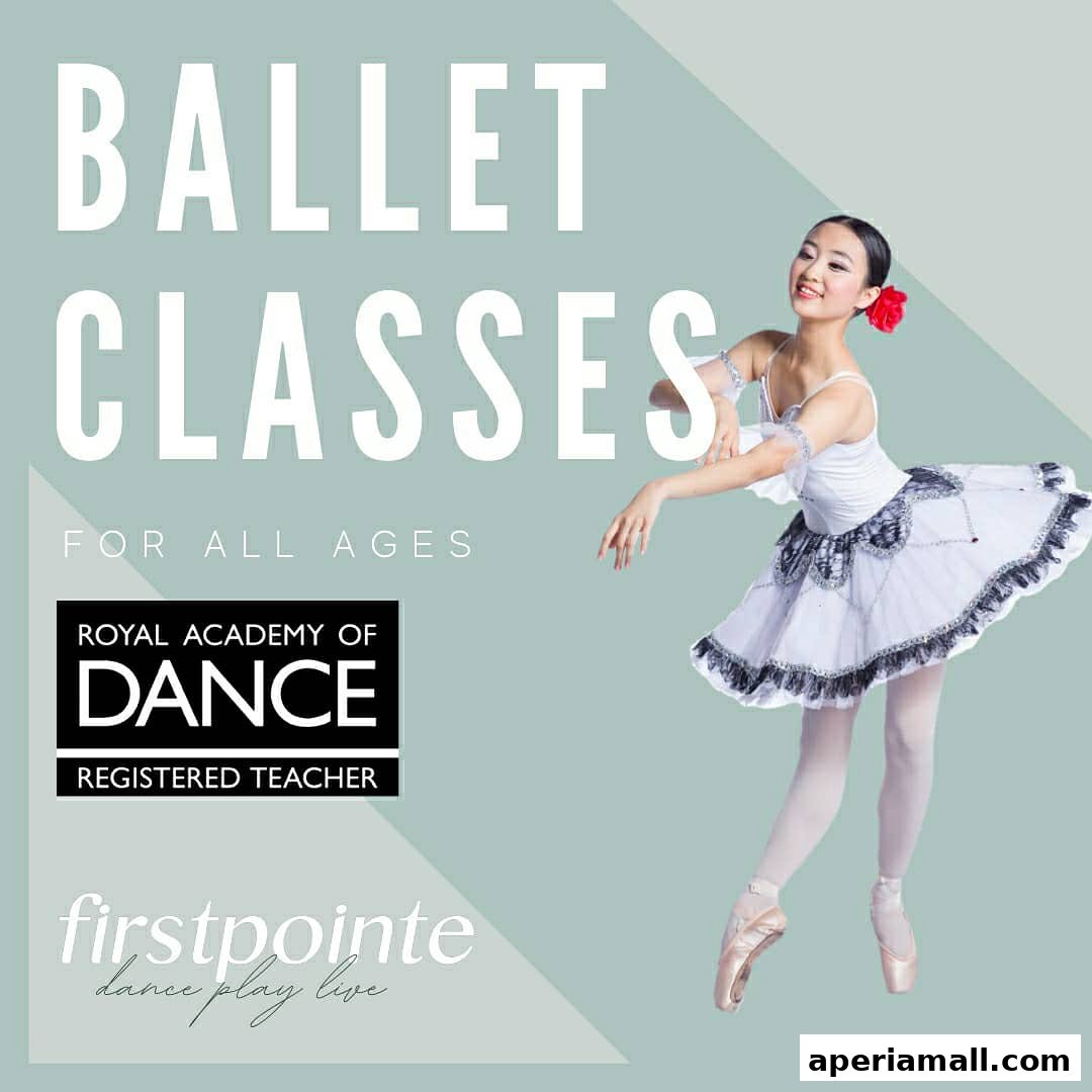 A young ballerina in a white tutu poses gracefully, advertising ballet classes for all ages.