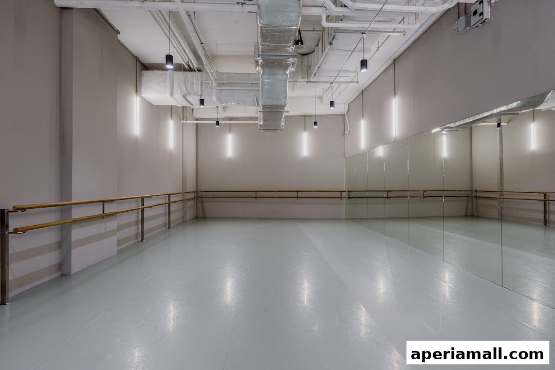 A spacious dance studio with ballet barres, mirrors, and bright lighting.