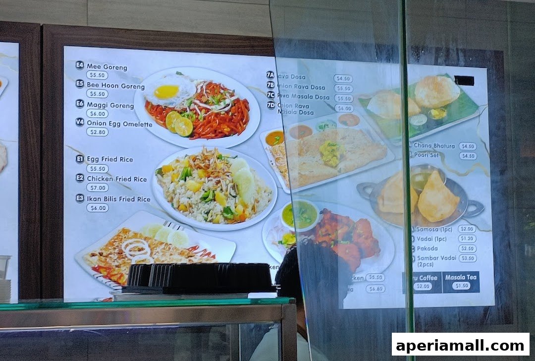 A menu board displaying various Asian and Indian dishes with prices.