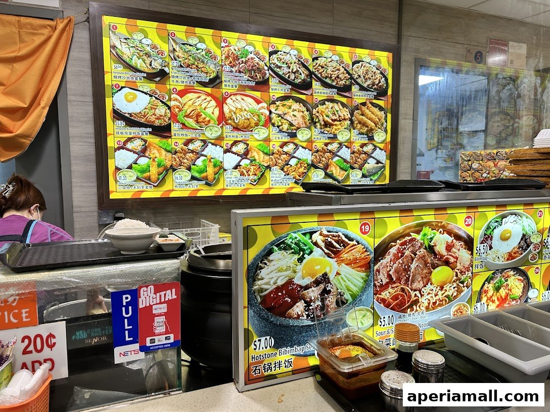 A food stall menu displaying various Korean dishes with prices and images.
