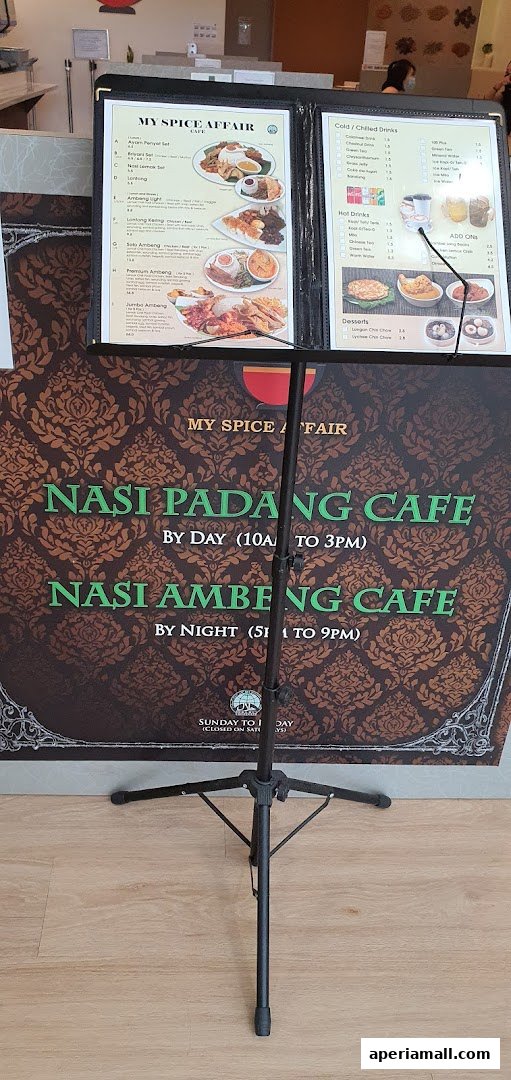 A menu board displays food and drink options for Nasi Padang and Nasi Ambeng cafes.