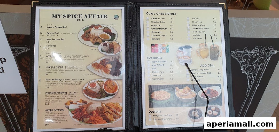 A menu from My Spice Affair Cafe featuring Malaysian dishes and drinks.