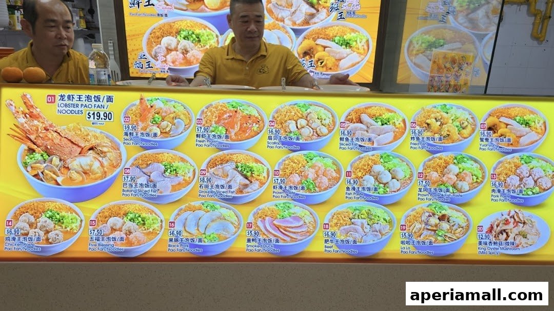 A menu board displaying various noodle dishes with pictures and prices at FM FoodMaster.