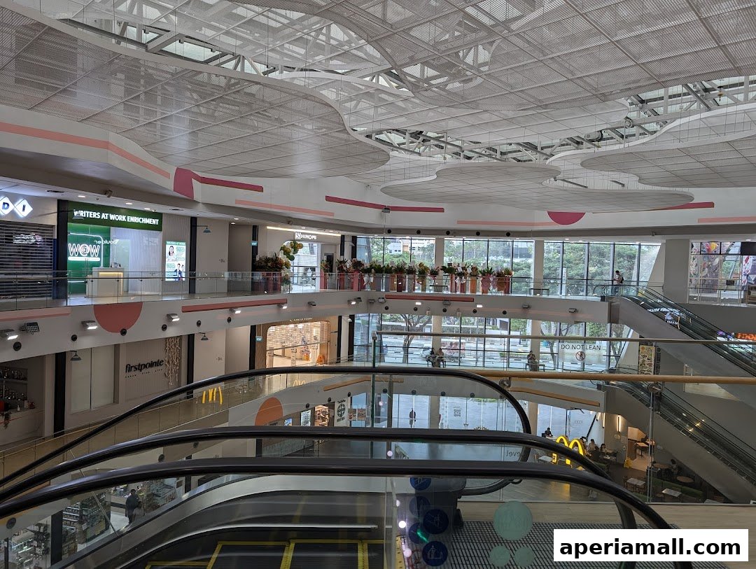 Interior view of a multi-level shopping mall with escalators and various shops.