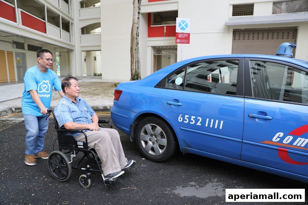 A caregiver pushes an elderly man in a wheelchair next to a blue car.