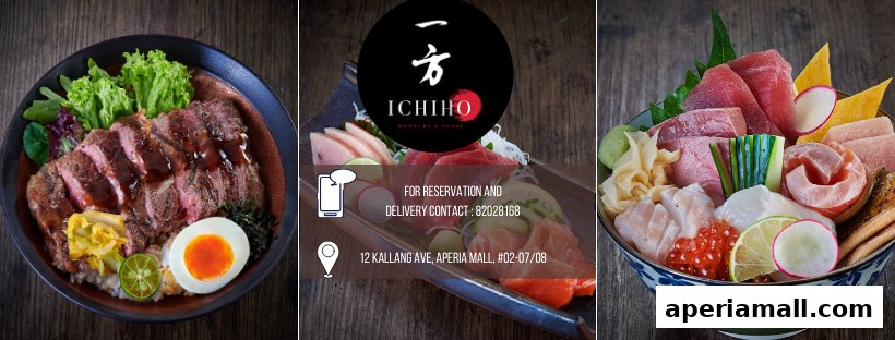 Collage of Japanese food dishes and restaurant information for Ichiho Donburi Sushi.