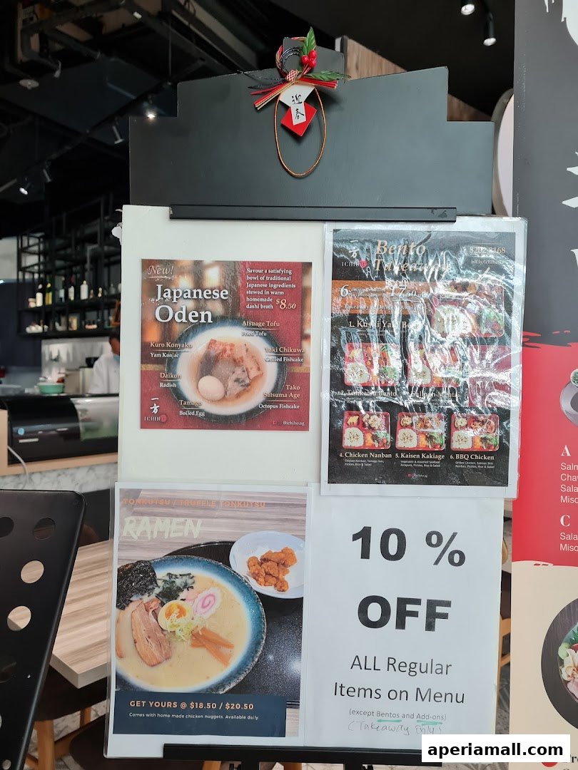 A display of Japanese food menus and a 10% off promotion.