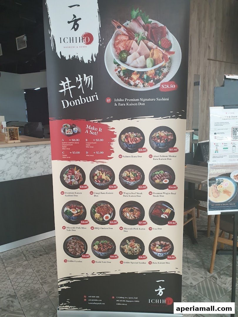 A promotional banner for Ichiho Donburi & Sushi, showcasing various donburi dishes and set options.