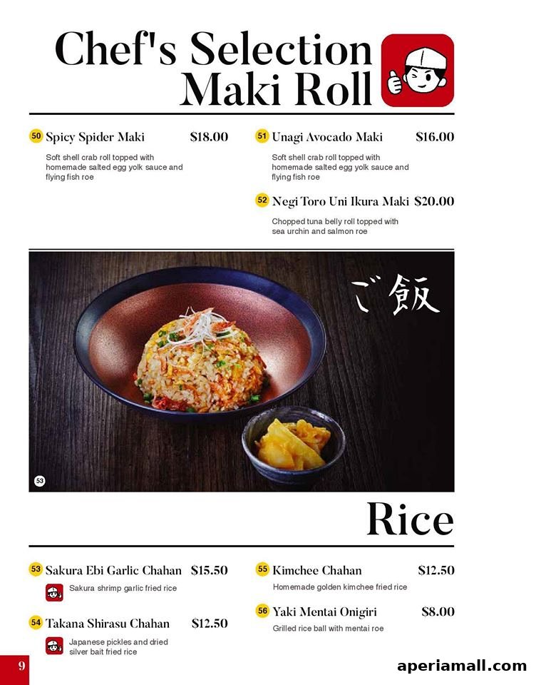 A menu featuring Chef's Selection Maki Rolls and various rice dishes with prices.