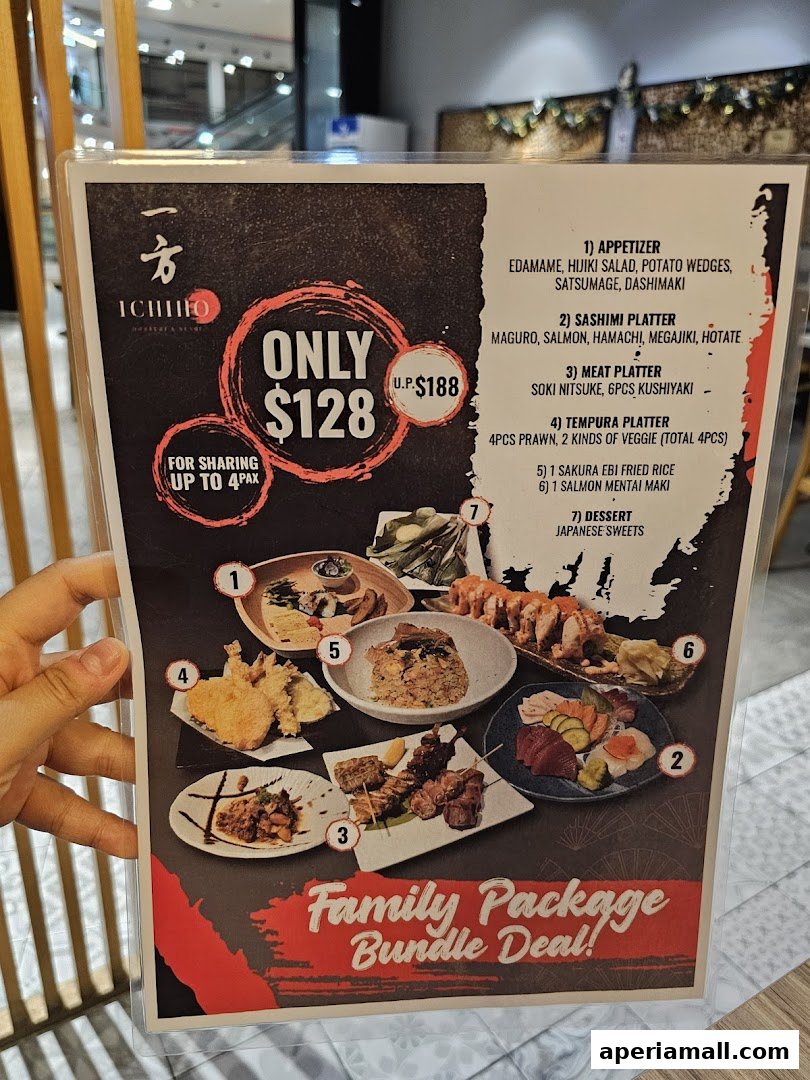 A menu for Ichiho Donburi Sushi featuring a family package bundle deal for up to 4 people.