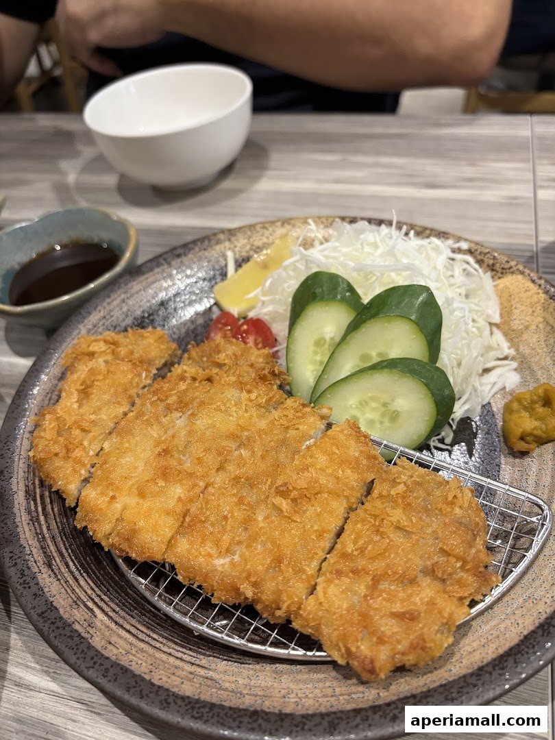 A plate of crispy fried pork cutlet with shredded cabbage, cucumber slices, and dipping sauce.