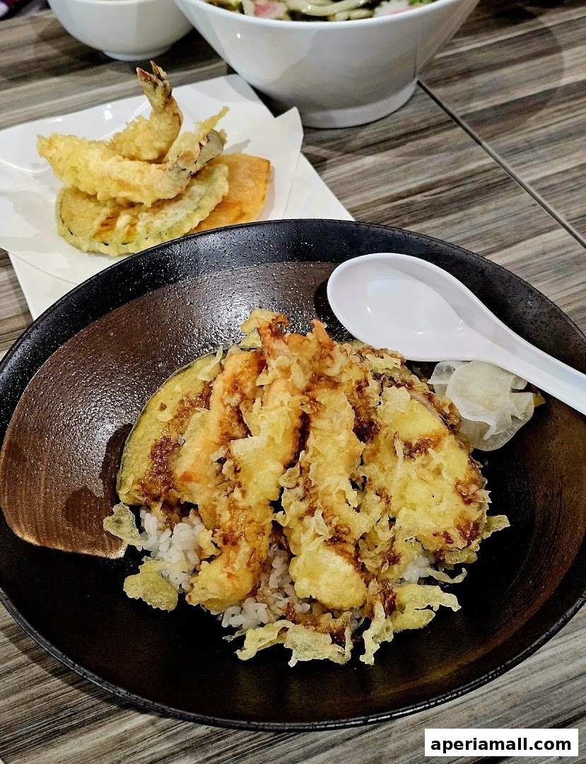 A close-up of a delicious tempura donburi with a side of assorted tempura.