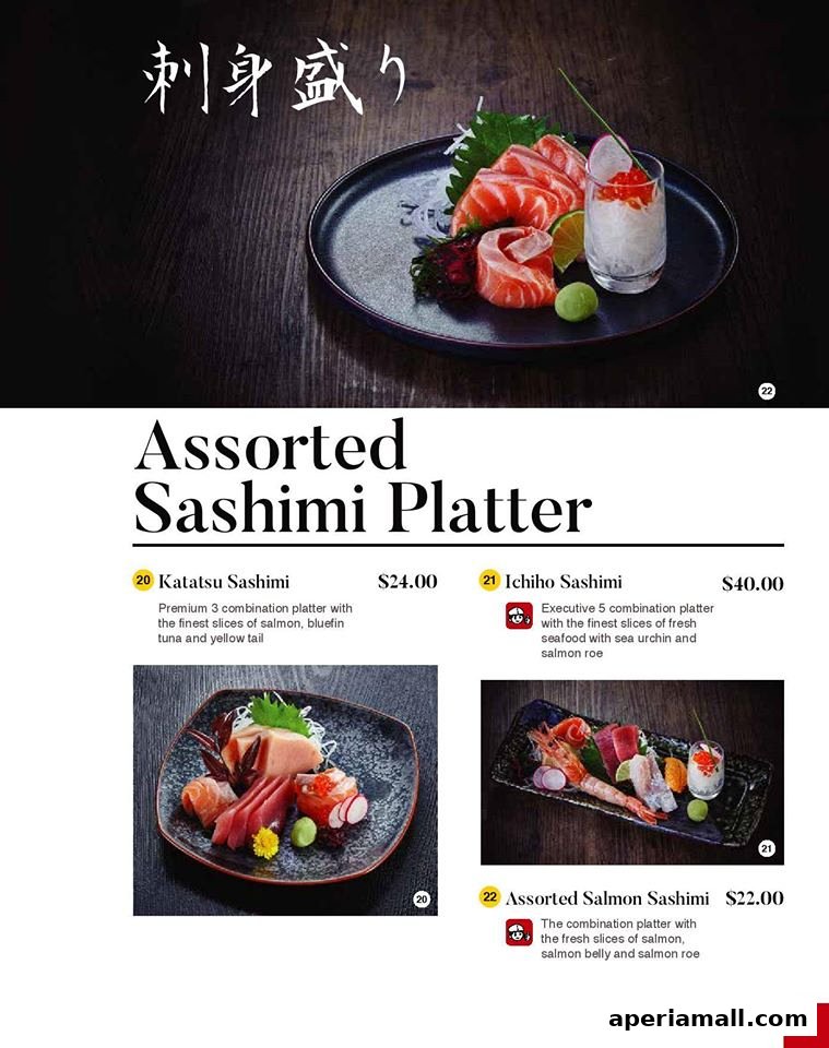 A menu showcasing assorted sashimi platters with detailed descriptions and prices.