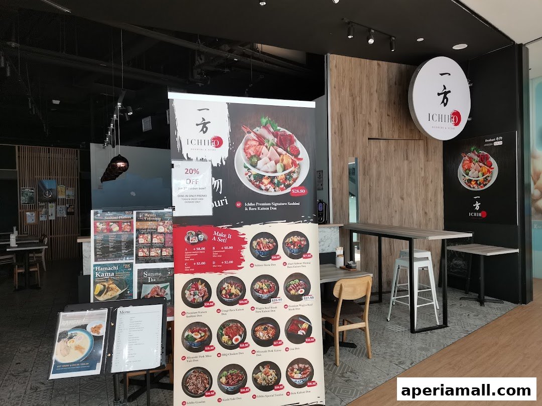 The entrance of Ichiho Donburi Sushi restaurant with menus and promotional posters displayed.